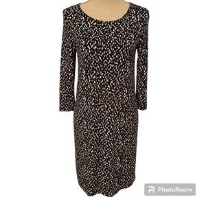 KATHERINE BARCLAY DRESS BLACK WHITE SHIFT 3/4 SLEEVE ROUND NECK SIZE S